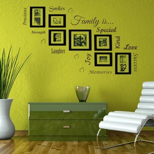 Family quote wall decals with photo frames on green living room background decoration