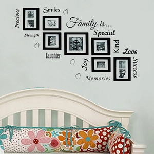 Creative Family word wall decals with black photo frames for living room wall decor