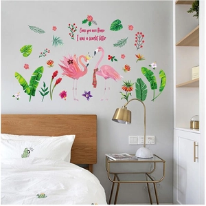 Tropical flamingo wall stickers with green palm leaves and lyrics for bedroom wall decor