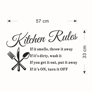 Kitchen Rules wall decal with utensils and hygiene text measuring 57cm by 33cm