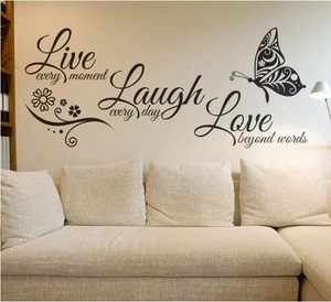 Live Love Laugh wall decal with black butterfly and flower patterns for living room decor