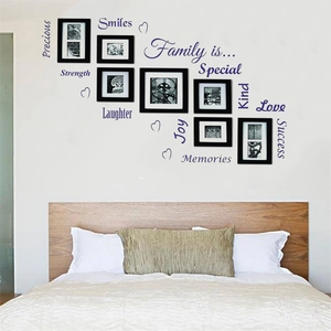 Family quote wall decals with hearts and photo frame stickers for bedroom wall decor