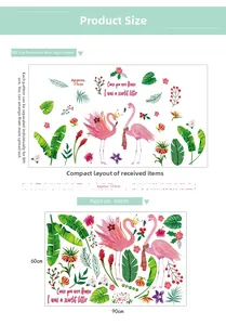 Size chart for Flamingo wall stickers showing 90x60cm sheet and 135x77cm DIY display layout