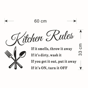 Detail showing Kitchen Rules wall sticker with utensil icons measuring 60x33 cm size