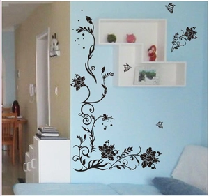 Elegant black floral vine and butterfly wall decal for bedroom living room home decor