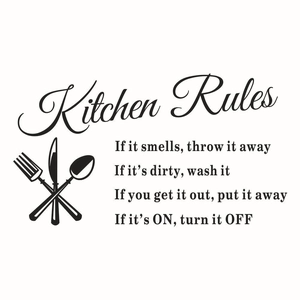 Minimalist black kitchen rules wall decal featuring cutlery silhouette and elegant typography