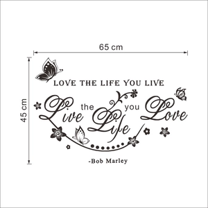 Sticker mural citation inspirante Bob Marley avec papillons et fleurs, 65x45cm
