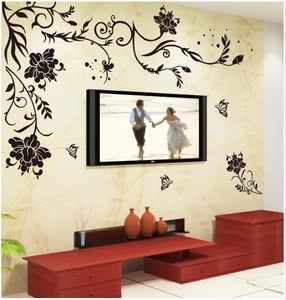 Elegant black floral vine wall stickers with butterflies for living room TV backdrop decor