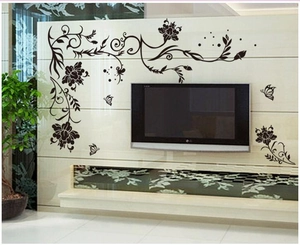 Elegant black floral wall stickers with butterflies for modern bedroom or TV background décor