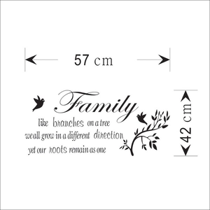 Family wall sticker with tree branches, birds and quote, 57cm wide by 42cm high