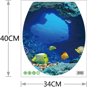 Detail view of 40x34cm PVC underwater world 3D toilet lid sticker with tropical fish