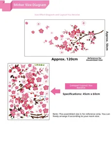 Detailed DIY wall sticker layout showing pink plum blossoms and shipping sheet dimensions