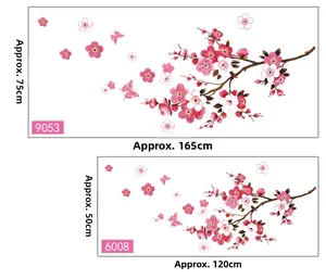 Detailed wall sticker layout of blooming plum blossoms and butterflies in pink colors