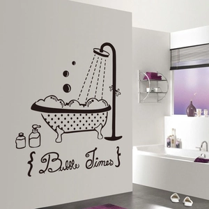 Minimalist black PVC bathroom wall sticker featuring Bubble Times bathtub and shower head art