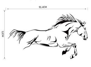 Detailed dimension guide for jumping horse wall decal measuring 91.4cm by 52cm