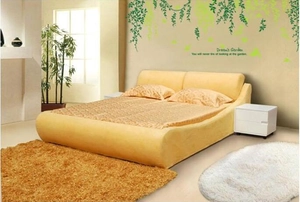 Modern ginger yellow upholstered frame bed with comfortable rectangular headboard cushions