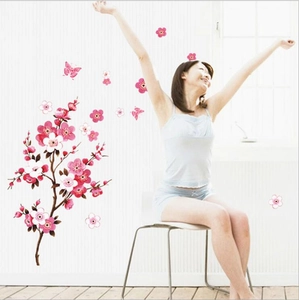 Pink plum blossom flower wall stickers with butterfly decals for living room decor