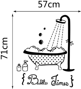 Detail of PVC bathroom wall sticker with Bubble Time text and clawfoot tub illustration