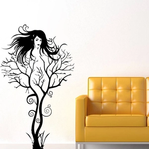Artistic goddess silhouette and tree branch wall decal for minimalist living room decor