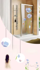 Detail view of purple and blue floral wall stickers with butterflies on a glass shower door