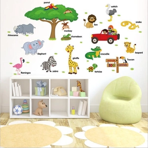 Cartoon Zoo animal wall decals for kids room with elephant lion and giraffe stickers