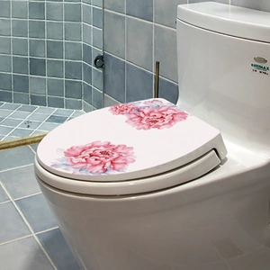 Decorative white toilet seat sticker featuring elegant pink and purple peony floral patterns