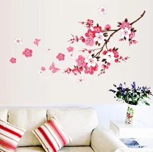 Pink Plum Blossom Butterflies Wall Stickers Removable PVC Floral Branch Wall Decal For Living Room Bedroom Home Decor