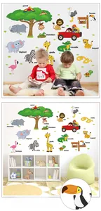 Cartoon animal wall decals for kids with English labels showing children reading in a nursery