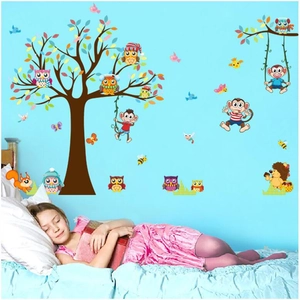 Colorful tree and cartoon animals wall sticker for kids bedroom and nursery decor
