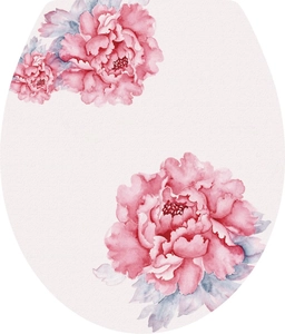 Detail of waterproof toilet lid sticker featuring soft pink watercolor peony blossoms