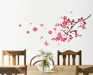 Pink plum blossom and butterfly removable PVC wall sticker for living room decoration