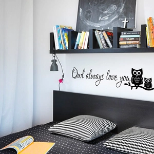 Schwarzes Eulen Wandtattoo mit 'Owl always love you' Spruch für moderne Schlafzimmer