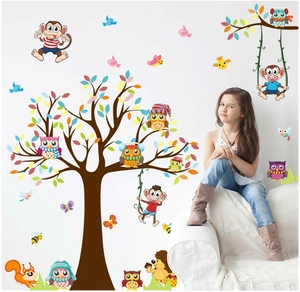 Cartoon animal forest wall decals with large tree and monkeys for nursery decoration