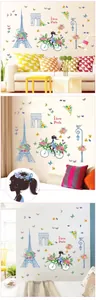 Detail of Paris themed wall decals featuring Eiffel Tower and girl on a bicycle