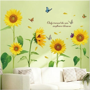 Pastoral sunflower wall stickers with butterflies and inspirational quotes for living room