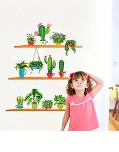 Potted cactus and succulent wall stickers with wooden shelf design for home decoration