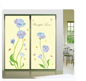Self-adhesive floral wall stickers with blue and purple flowers and butterflies for glass doors