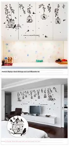 Detail of black birdcage and leaf silhouette wall decals with Love is a perpetual belief quote