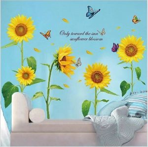 Sunflower and butterfly wall stickers with sun blossom quote for living room decor