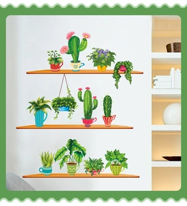 Vibrant cactus and potted plant wall decals on a faux wood shelf for home interior decor