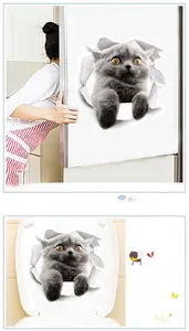 3D cat hole wall stickers showing cute gray cat peering through paper on fridge and toilet