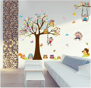 Colorful cartoon forest tree wall stickers with cute owls and monkeys for nursery decor
