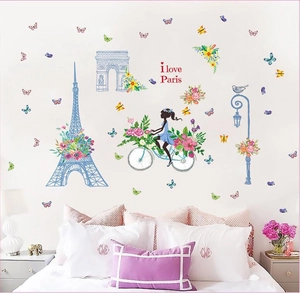 Romantic Paris Eiffel Tower Arc De Triomphe Wall Sticker Waterproof PVC Cycling Girl Floral Decor For Living Room Bedroom