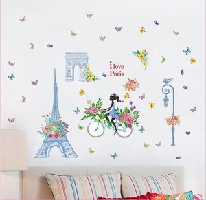 Romantic Eiffel Tower wall decal with girl on bike for bedroom wall decoration
