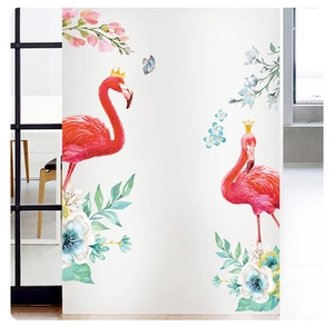 Detail of Nordic pink flamingo wall sticker with golden crown and floral watercolor art