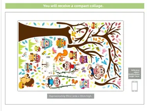 Macro detail of PVC wall sticker sheet with cartoon forest animals and tree decals