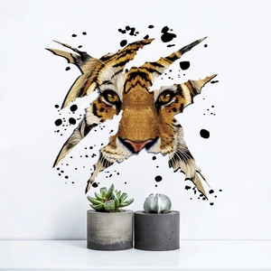 3D tiger head wall decal with black ink splash effect for modern living room decor