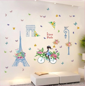 Paris themed Eiffel Tower wall stickers with cycling girl and colorful butterflies
