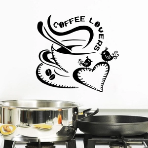 Adesivo murale Coffee Lovers minimalista con tazza e uccelli per decorazione della cucina