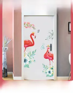 Detail of pink flamingo wall stickers with hand-painted watercolor flowers for bedroom door